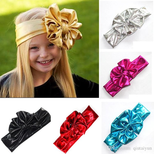 Shiny leather bow headband for children baby girls big elastic metal color head wraps turban bands bandana headband hair accessories B268-7