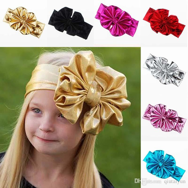 Shiny leather bow headband for children baby girls big elastic metal color head wraps turban bands bandana headband hair accessories B268-5