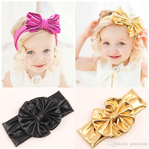 Shiny leather bow headband for children baby girls big elastic metal color head wraps turban bands bandana headband hair accessories B268-3