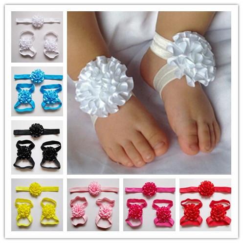 Retail Newborn baby flower headband barefoot sandal sets satin flower hair accessories for Photography props 9colors pick