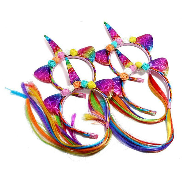 Kid Girl Unicorn Wig Braid Headband Flower Hair Sticks Hair Accessories for Festival Halloween Lovely cosplay Hair Band