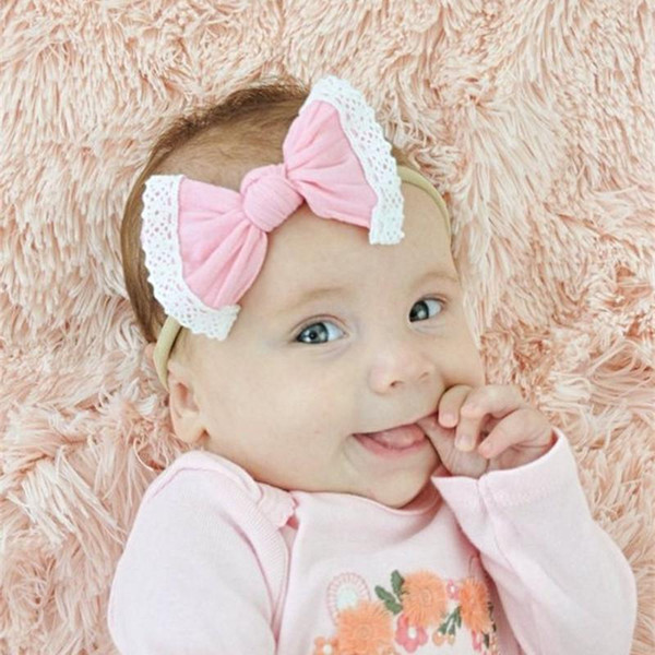 Wholesales Nylon Headband Exquisite Lace Trim Hair Bows Kids Boutique Hair Accessories Baby Girls Headbands as Birthday Gifts 27 Colors