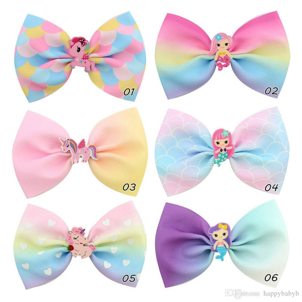 4.5 Inch Fashion Baby Bow Clips Girls Cartoon Mermaid Unicorn Barrette Kids Hair Bows hairclips Children Boutique Hair Accessories