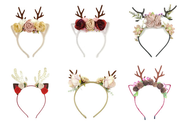 Elk antlers hair hoop Headband Christmas flower deer horn hairband 6 colors kids fashion Xmas hair accessory