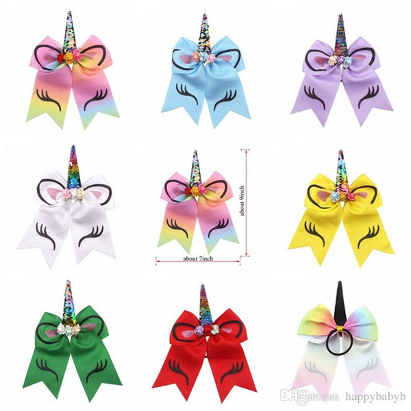 2019 New Kids 8 colors Unicorn Horn Hair rope Sequin Ponytail Holder Bowknot Bows Rubber Band Hair Ties Rope