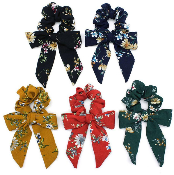 INS Rose floral Vintage Hair Scrunchies Bow Women Accessories Hair Bands Ties Scrunchie Ponytail Holder Rubber Rope Decoration Big Long Bow