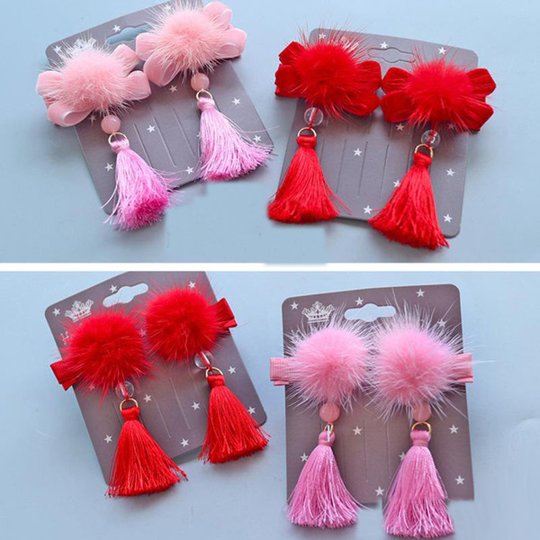 Chinese Style New Year Hairbands Solid Hair Bows Kid Girls Headwear Baby Girls Party Hair Accessories Fur Tassel Bow Clips Red Pink