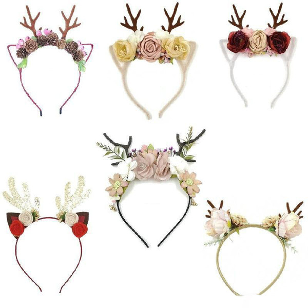 Elk antlers hair hoop Headband Christmas flower deer horn hairband 6 colors kids fashion Xmas hair accessory