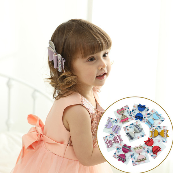 Children's Hair Accessories Baby girl's pu leather bowknot hairpin double glitter Barrettes The European and American style Free shipping