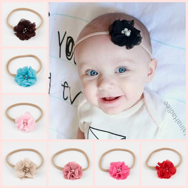 2017 european style children accessories girl chiffon flower hair bands kids lace pearls princess elastic heaband