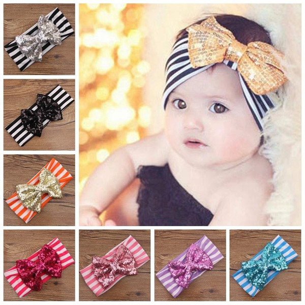 New Baby girls Bow headbands Kids sequins bowknot Hairband Children Striped cotton headbands Handmade baby Hairbands Hair Accessories KHA225