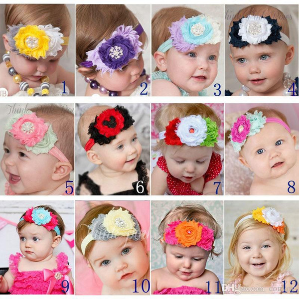 12 colors Newborn Baby Girls Shabby Headbands Flowers Kids Girls Hair Accessories Children Priness Headwear Rhinestone Elastic Bands KHA340