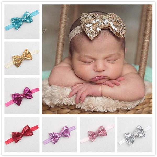 Baby Infants Sequined Bow Headbands Kids High Quality Handmade Bowknot Hairbands Children Girls Elastic Hair Accessories Photo Props KHA512