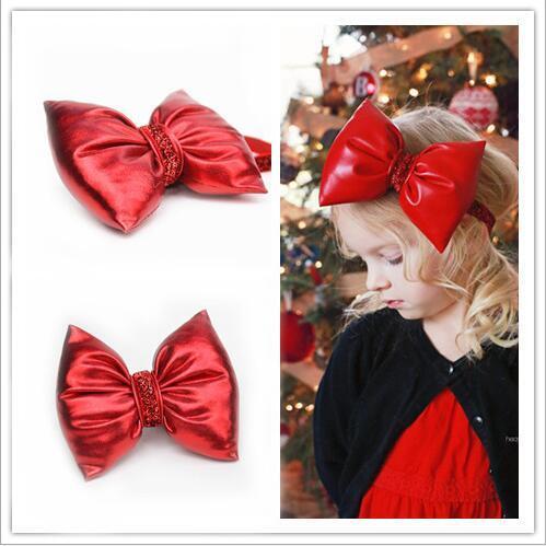 Baby Girls Christmas Red Bow Headbands Children Kids Xmas Bowknot Leather Hairbands Elastic Glitter Powder Band Princess Headdress KHA523