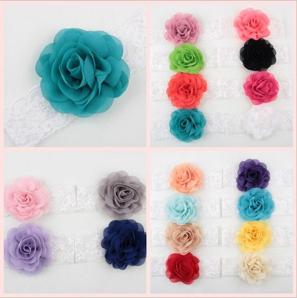 20 Colors NEW Girls Kids Wide Lace Chiffon Flower Headbands Baby Elastic Rose Hairbands Infants Hair Accessories Princess Headdress KHA344