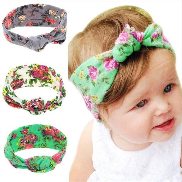 Hot Sale Baby Headbands Accessories Turban Knot Bunny Ear Headbands Floral Print Hairbands Kids Newborn Elastic Cotton Bohemia Bows KHA54