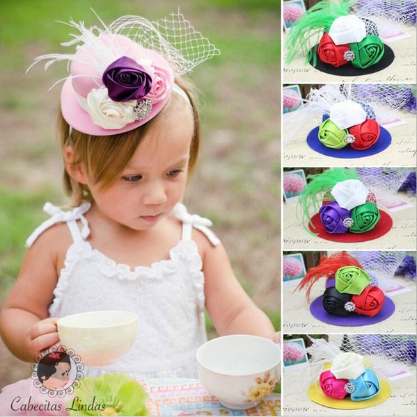 Newest European & American Baby Girls Feather Headbands Children Kids Grace Noble Billycock Hat Hairbands Hair Accessories 9 Colors KHA255