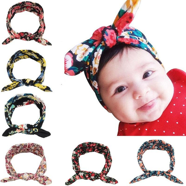 2016 Kids Baby BOHO Flower Headbands Imprint Rabbit Ear Hairbands Girls Childrens Turban Knot Hair Accessories Soft Bunny Headband KHA453