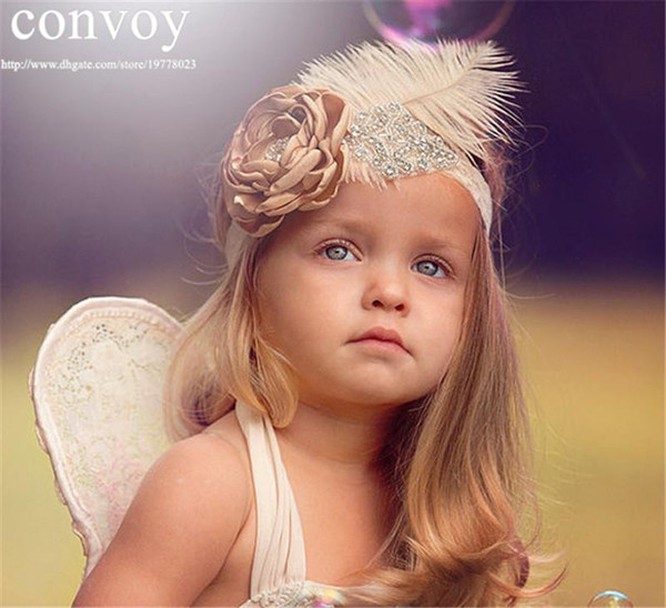 Baby Girls Noble Feather Headbands with Shiny Rhinestone Childrens Kids Ostrich Feather Flower Lace Hairbands Girls Hair Accessories KHA469