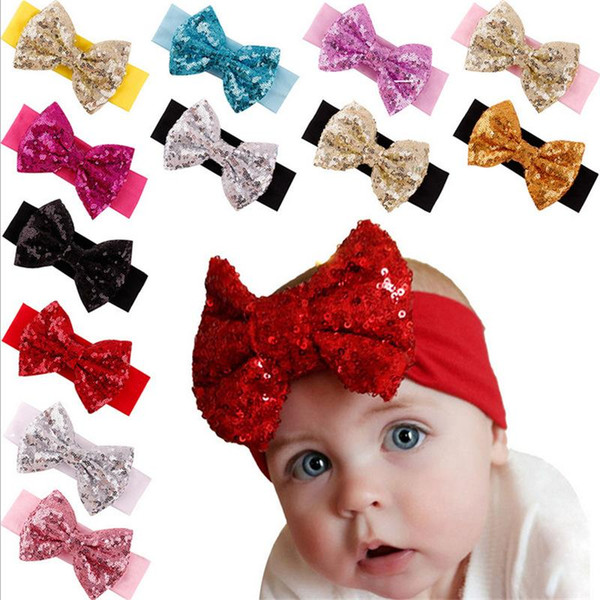 Girl Hair Accessories Sequined Big Bow Baby Headbands paillette Headdress Soft Cotton Hairband Infant Toddler Christmas Gift Hot Sale KHA229