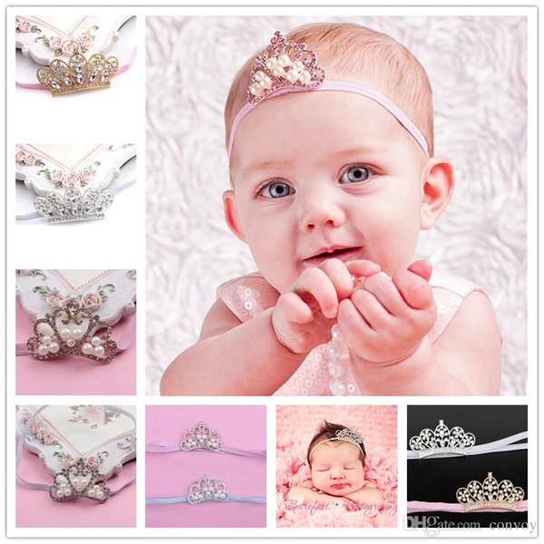 Baby girls Crown headbands Children Shiny Rhinestone Pearl Tiara Hairbands Infants Kids Party Wear Hair Accessories Wedding headwear KHA94