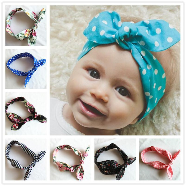 New Baby Girls Polka Dot Striped Headbands Kids Floral Bow Bunny Hairbands for Newborn Children Lovely Hair Accessories Head Wrap KHA379