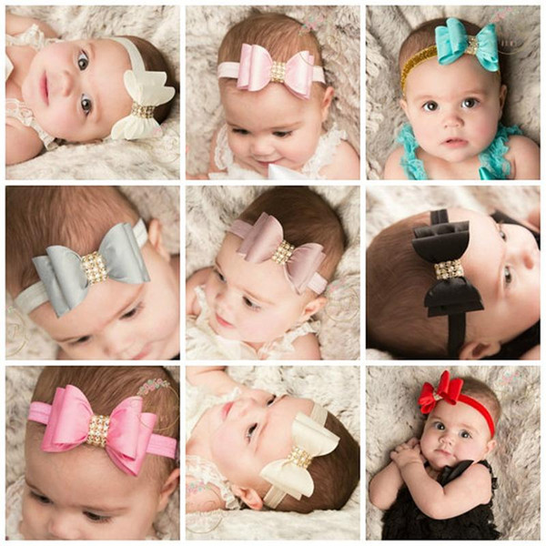 Europe Baby Girls Satin Headbands Bows Children Elastic Bowknot Rhinestone Hairbands Kids Hair Accessories Pearl Headdress Free Ship KHA98