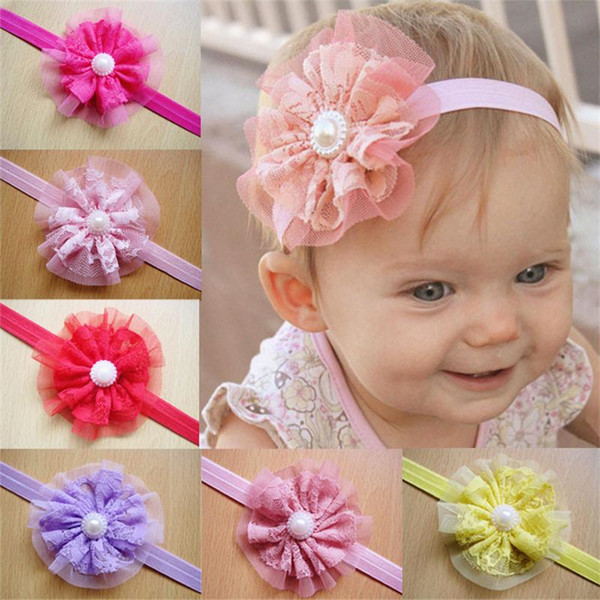 New baby headbands flowers girls headbands lace infant Baby Big Flower Pearl Princess headband hair accessories Baby Kids Head Band KHA125