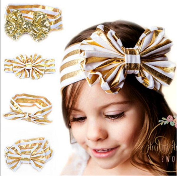 Newest Girls Shiny Paillette Headbands big bows Kids Bowknot hairband Children Headwear hair accessories Baby gold stamp Hair Band KHA365