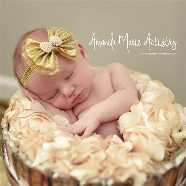 Newest Baby Girls Gold Bow Headbands with Pearl Bowknot Kids Cute High-grade Elastic Glitter Hairbands Princess Rhinestone Oranment KHA385
