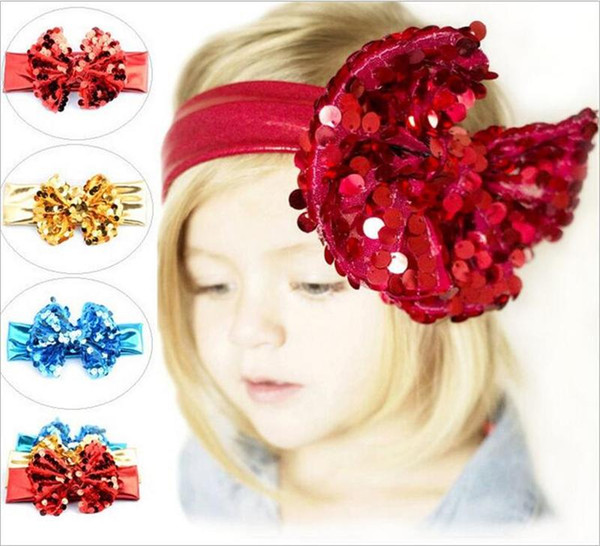 2016 Baby Girls Paillette Shiny Bowknot Headbands Kids Children big bow hairbands Princess Headdress Headwear hair accessories KHA525