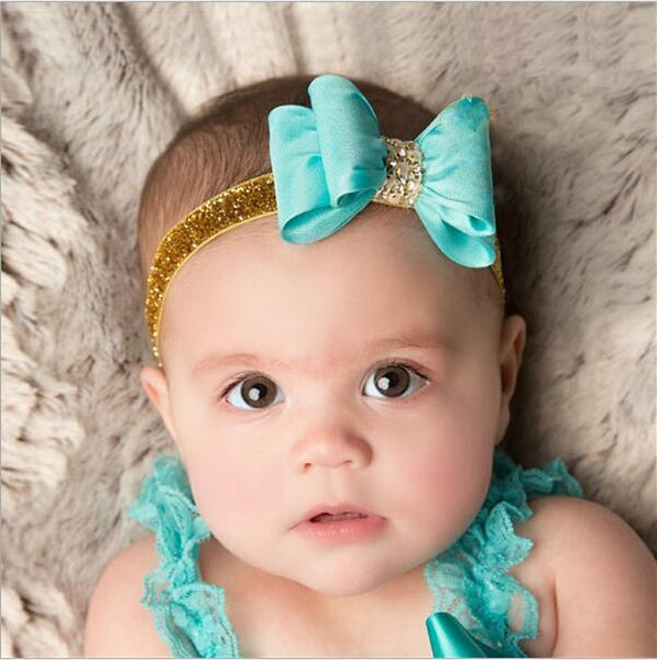 Baby Girls Bow Rhinestone Glitter Headbands Satin Elastic Gold Powder Hairbands Kids Children Princess Headdress Hair Accessories KHA381