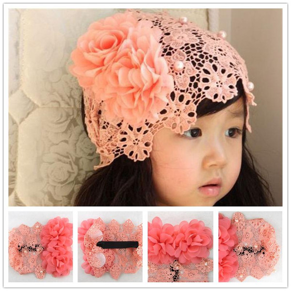 Baby Girls Kids headbands Big flowers handmade Crochet Infant Children Hair Accessories Bow Pearl Chiffon Headbands Hair Ornaments KHA216