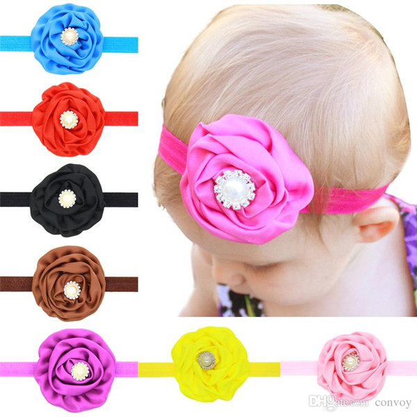 Baby Headbands Flowers Satin Rose Head Bands Children Hair Accessories Rhinestone Pearl Hairbands Princess Headdress Elastic Headwear KHA168