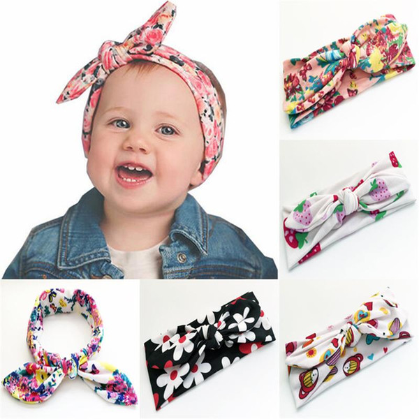 Baby Girls Bow Floral Headbands Kids Bohemian bunny Ear Hiarbands Elastic Cotton flowers Headdress Headwear u pick color 10 colors KHA400