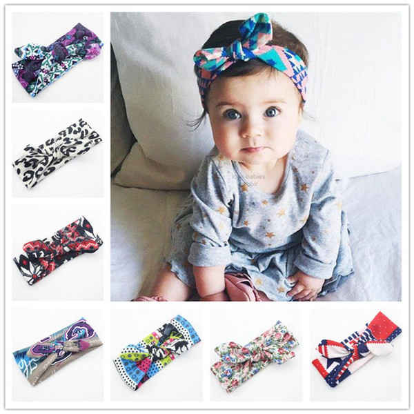 10 colors Baby Girls Bow Floral Headband Bohemian bunny Hiarbands Kids Elastic Cotton lepoard flower printed 15*3.34