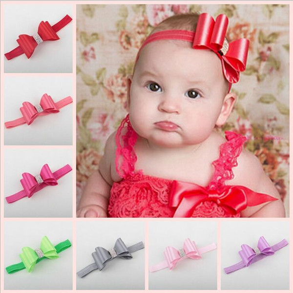 Fashion Baby Girls Bowknot Rhinestone Headbands Satin Bows Hairbands Kids Princess Elastic Headdress Hair Accessories 15 Colors KHA285