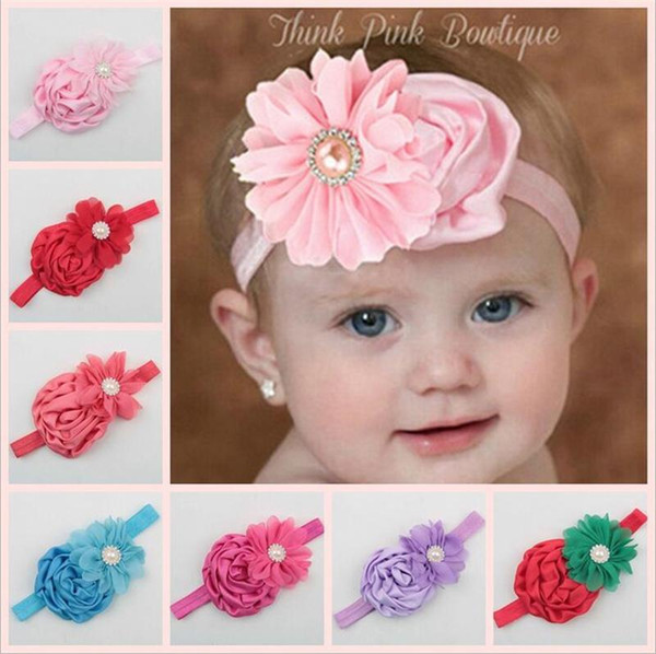 Hot!!! Newborn Baby Chiffon Rose Flower Headbands Kids Infants Rhinestone Pearl Shiny Hairbands Europe Baby Cute Head Bands Headwear KHA295