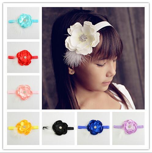 Newborn Baby Kids Feather Headbands Flower Rhinestone For Girls Elastic Headbands Girl Hair Accessories Infant Hairbands 22 Colors KHA464