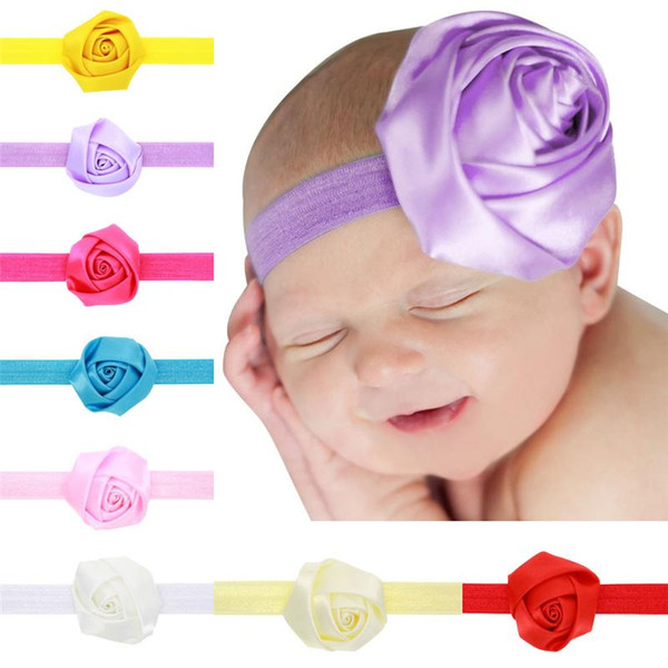 2016 New Childrens Elastic Hair Accessories Flower Newborn Baby Satin Rose Headbands Kids Baby Hairbands Girls Princess Headwear KHA183