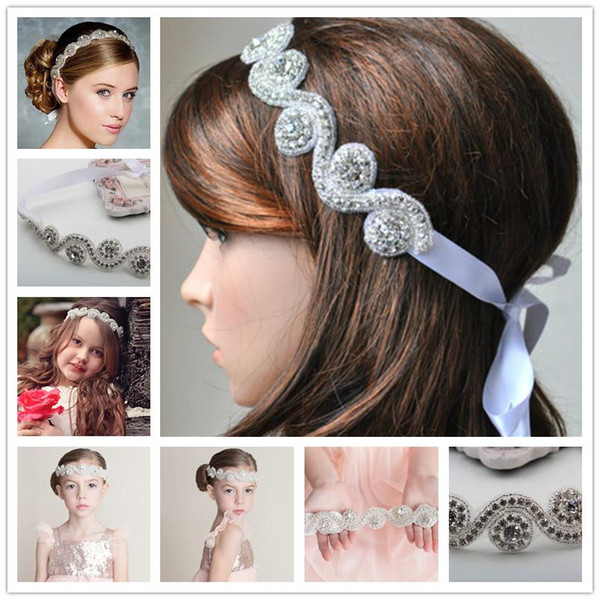 Baby Girl Rhinestone Headbands Kids Bride Wedding Shiny White Ribbon Headbands Handmade Hair Bands Children Hair Accessories Headwear KHA305