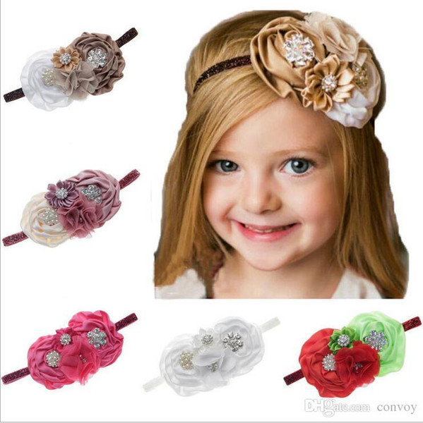 Baby Headbands Big Flowers Kids Rhinestone Pearl Sparkle Headband Girls Elastic Chiffon Satin Hairbands Children Hair Accessories KHA124