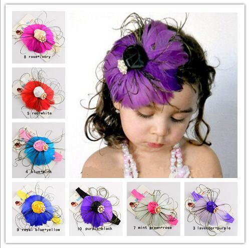 New Europe Baby girls Peacock feather headbands with Pearls Childrens Kids hair accessories Hairbands Rose Flowers Infant headwear KHA465