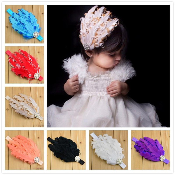 Fashion Baby girls feather Pearl Rhinestone headbands Childrens hair accessories Ornament Princess hairbands Kids headwear 15 Colors KHA467