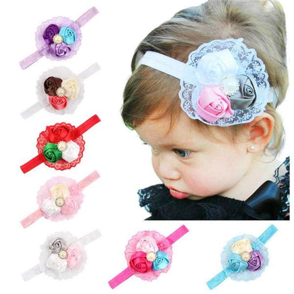 New Baby Headbands Flower Rhinestone Girls Kids Lace Rosebud Head bands Infant Hair Accessories Cute lovely Hair Ornaments Hairbands KHA29