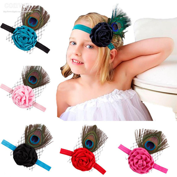 Baby feather Headbands Kids Girls Satin + feather Hair Ornaments Childrens Kids hair accessories Elastic headband hairbands headwear KHA470