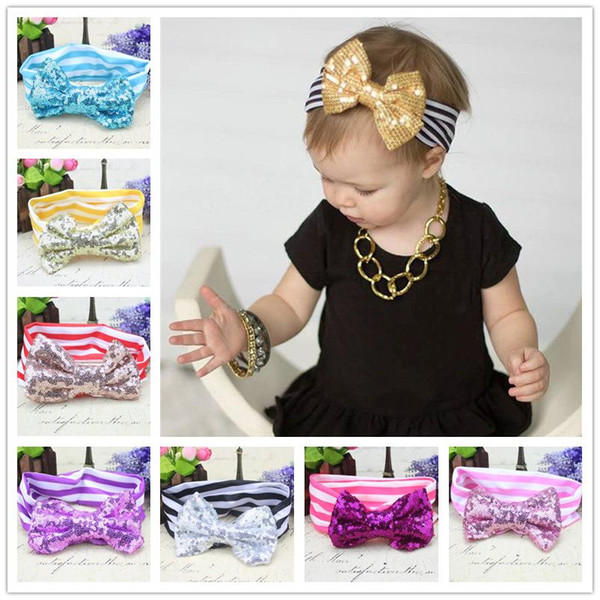 Baby girls headbands Big Bows Kids sequined bowknot Hairbands Children Striped cotton headbands Handmade baby Strip Hair Accessories KHA261