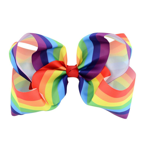 Girls 8 Inch Newest Large Rainbow Striped Bow Clip Grosgrain Ribbon Hair Bows With Clip For Kids Handmade Hair Accessory Hairpins KFJ46