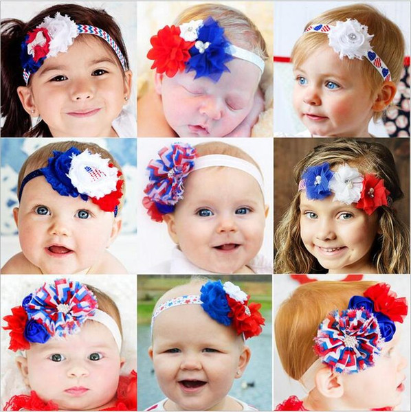 baby Girls US Independence Day Headbands Rhinestone Chiffon Flower hair band Sparkle bands 4th of July headband stripe Headwear KHA275