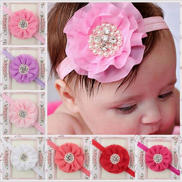 Children Hair Accessories Baby Girls Large flower Headbands Rhinestone Pearl Chiffon Flower Headdress Fashion Elastic Hair Bands KHA84